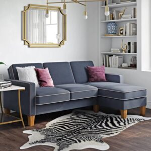 Bangor Fabric Corner Sofa With Light Walnut Legs In Blue