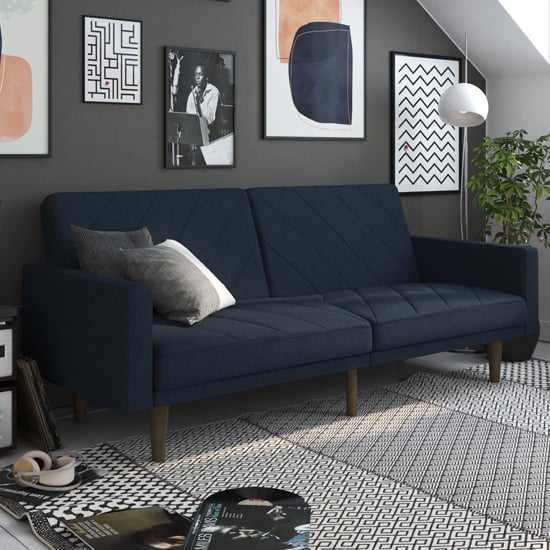 Pawson Fabric Sofa Bed With Wooden Legs In Navy Blue